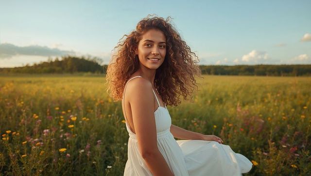 Young woman wearing white sundress enjoying wildflower meadow at golden hour