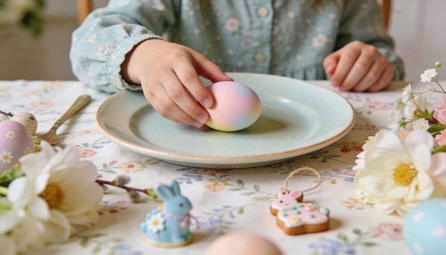 Child holding pastel easter egg on plate at floral table with bunny cookies