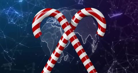 Crossing Candy Canes Over Digital World Map with Network Lines and Dotted Globe