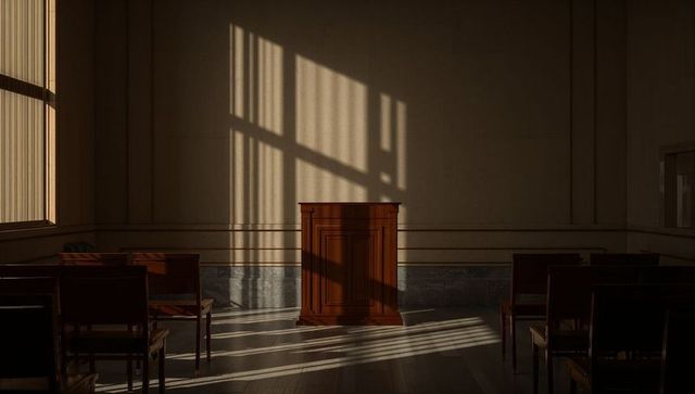 Sunlit wooden lectern casting long window shadows in empty assembly hall