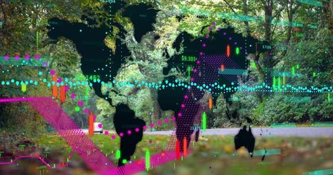 Global data overlaying woodland pathway with neon charts and transparent world map