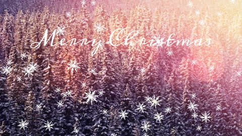 Festive Snowy Forest with Merry Christmas Text Overlay