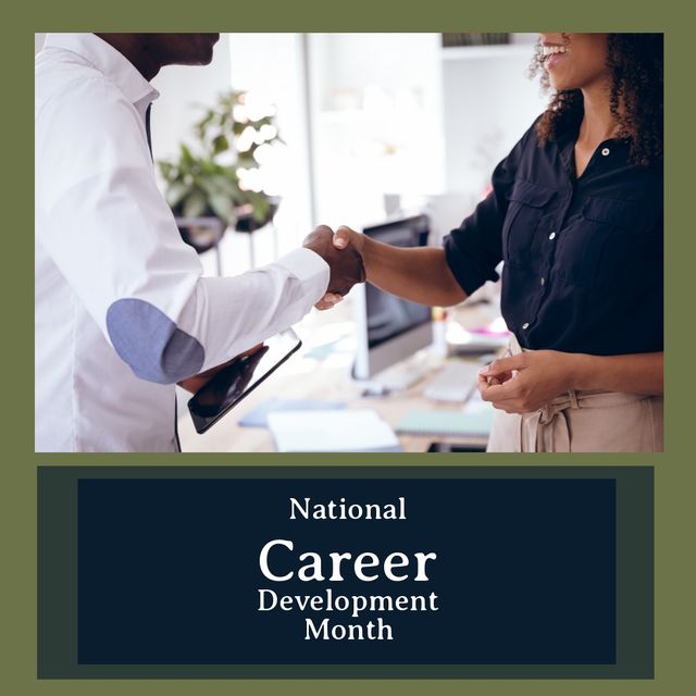 Multiracial professionals handshaking with national career development month text in green frame. Copy space, digital composite, promotes career development, celebration, encouragement, growth.
