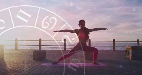 Woman Practicing Yoga on Promenade with Astrological Motif