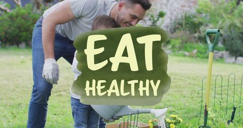 Father and Son Gardening Together Promoting Healthy Eating