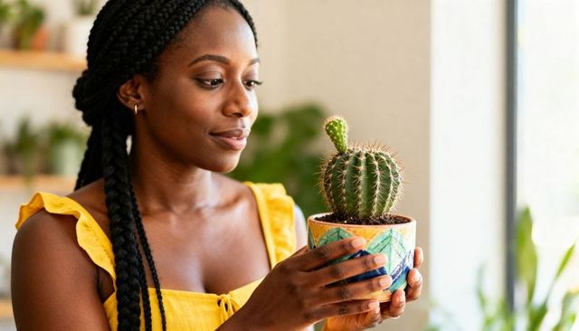 Woman holding handpainted ceramic pot with barrel cactus in sunlit interior for home plant care