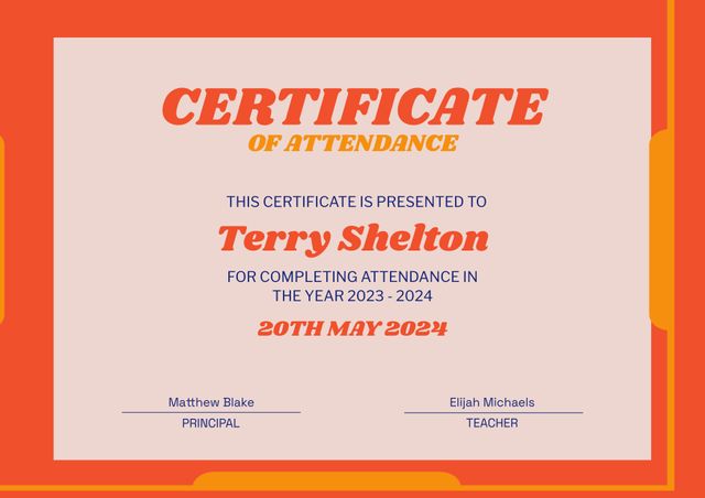 This vibrant certificate template celebrates attendance achievements with a bold design featuring orange and red accents. Perfect for schools, educational institutions, and academic ceremonies looking to reward student milestones from the year 2023 to 2024. Add a personal touch by customizing the recipient’s name and details within ready-to-use fields. Great for printing and use in end-of-year presentations.