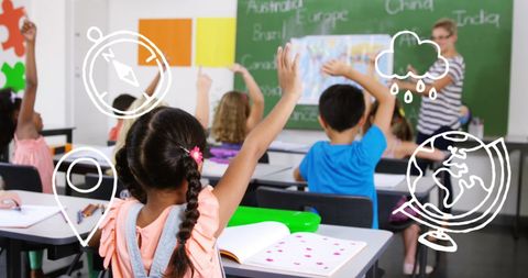 Engaged Students with Educational Icons in Classroom