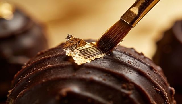 Brushing edible gold leaf onto dark chocolate truffle for luxurious artisanal confection