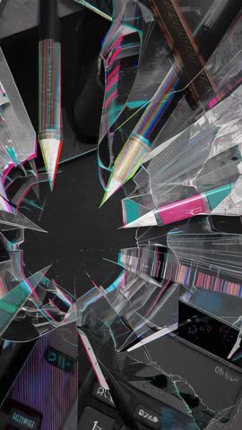 Looping kaleidoscope of colored pencil tips radiating shattered glass with digital glitch