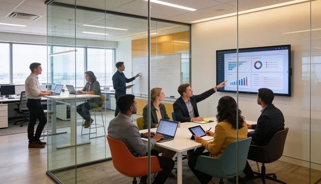 Business team presenting dashboards in glass-walled meeting room for collaborative strategy