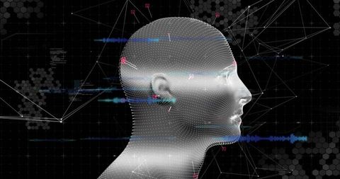 Futuristic 3D Mesh Head with Neural Network Waveforms and Data Visualization