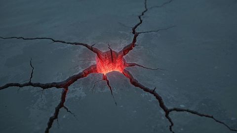 Glowing red fissure on cracked concrete surface