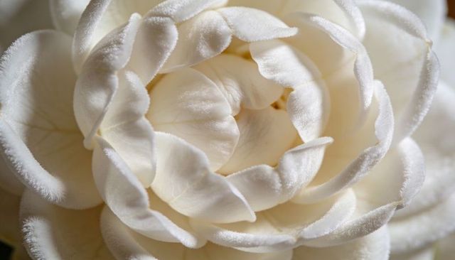 Ivory velvet camellia macro closeup revealing spiral bud and petal texture