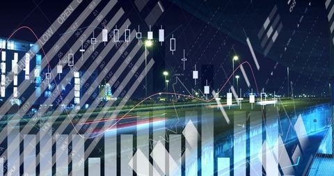 Night city data overlay with candlestick charts and neon light trails on highway
