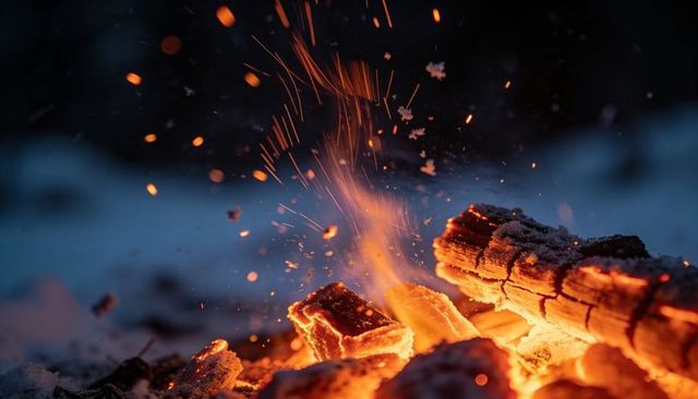 Glowing embers sending sparks from snow-dusted campfire logs in quiet frozen wilderness night