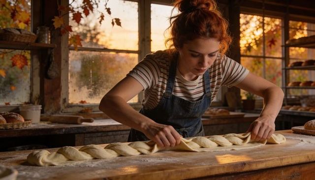 Artisan baker braiding challah dough on rustic wooden bench with warm autumn sunrise glow