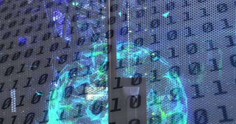 Digital globe overlay on servers with binary code elements