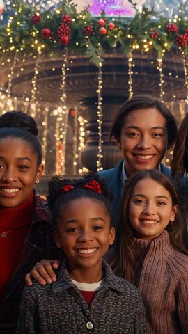 Smiling diverse girls posing by holiday fountain with twinkling lights on winter evening