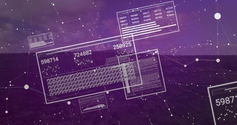 Holographic Data Panels Over Horizon with Network Nodes and Cyberpunk Purple Overlay