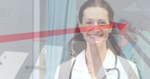 Smiling Female Doctor with Financial Graphs and Medical Charts