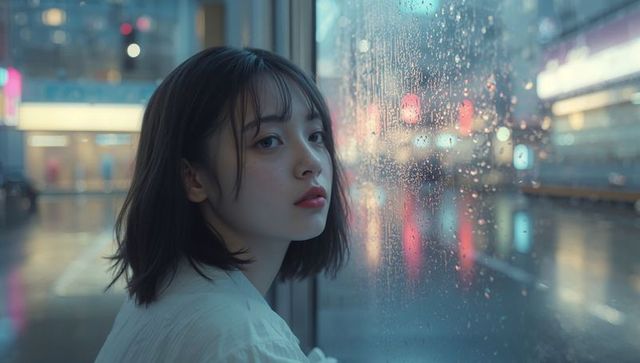 Reflective Woman at Bus Shelter on Rainy Night