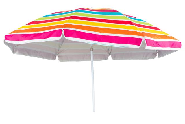 Brightly colored striped beach umbrella providing shade and protection from the sun. Ideal for summer vacation promotions, travel brochures, outdoor leisure activities, and beach-themed designs.
