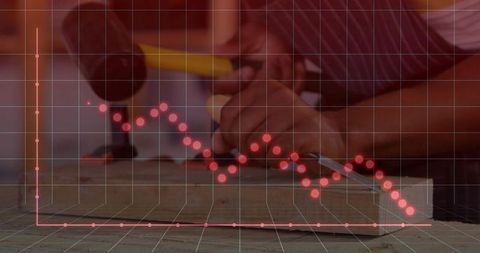 Carpenter Shaping Wood with Chisel and Hammer Overlaid with 3D Red Graph