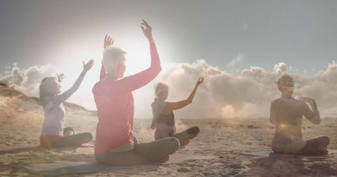Senior Women Practicing Seaside Yoga at Sunset - Download Free Stock Images Pikwizard.com
