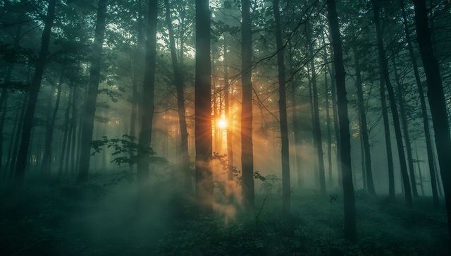 Sunlight Piercing Misty Forest Creates Mystical Atmosphere