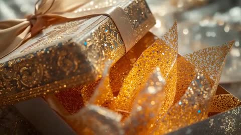 Golden Gift Box with Glittering Tissue on Elegant Surface