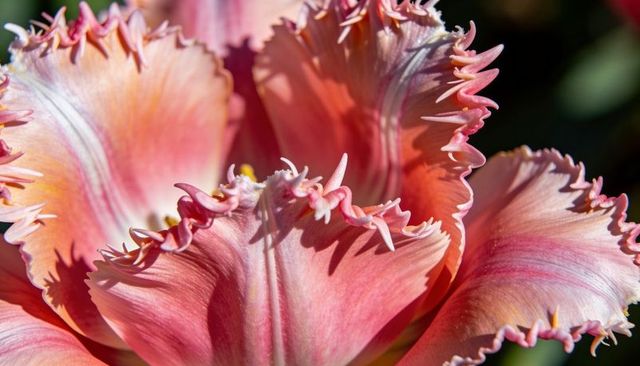 Fringed Parrot Tulip Closeup Blooming with Ruffled Serrated Pink Petals and Sunlit Yellow Heart