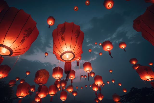 Red Chinese lanterns float against an evening sky during a festive celebration. Spread the image's ambiance of tradition and culture. Useful for holiday promotions, festival invitations, and travel content focusing on Chinese cultural practices.