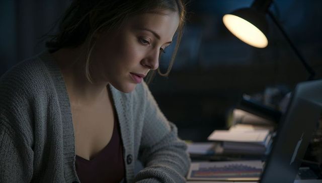 Focused woman working late at home office with laptop, lamp and analytics charts in warm moody light