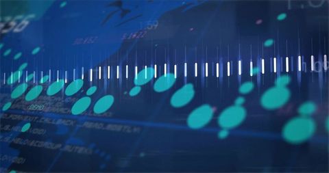 White-bar waveform visualizing data pulses with teal nodes on dark blue analytics display