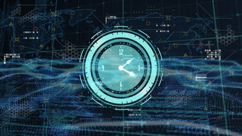 Neon Clock Animation Over World Map with Data Processing Concept