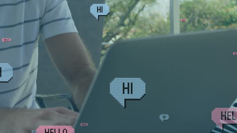 Digital Networking Icons with Male Typing on Laptop