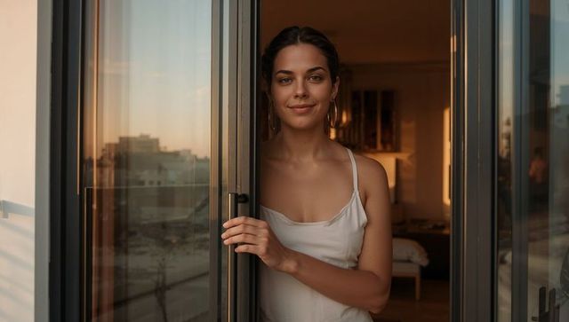 Standing woman holding sliding door handle on balcony during warm sunset glow urban apartment