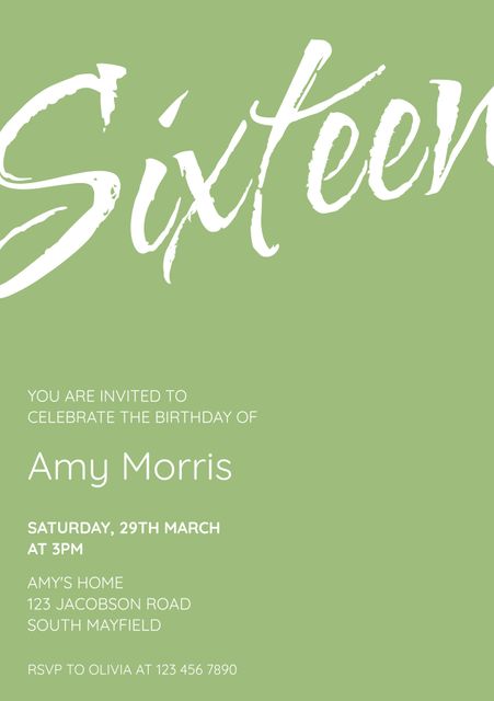 Perfect for celebrating sweet sixteen birthdays with a touch of elegance and sophistication. Ideal for any girl who prefers a modern and minimalist theme. The stylish typography and green background make it stand out. Suitable for sending digitally or printing out for a classy birthday bash.
