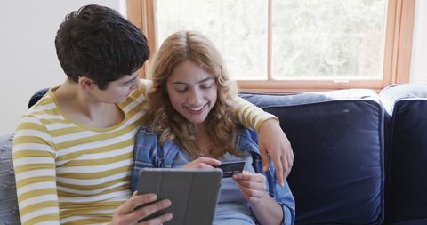 Happy Lesbian Couple Shopping Online Together at Home - Download Free Stock Images Pikwizard.com