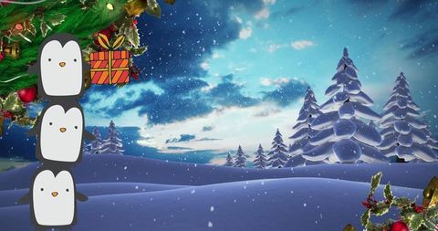 Adorable Penguins with Gift in Winter Wonderland