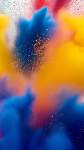 Vertical slow-motion color explosion bursting into blue and orange clouds, abstract motion
