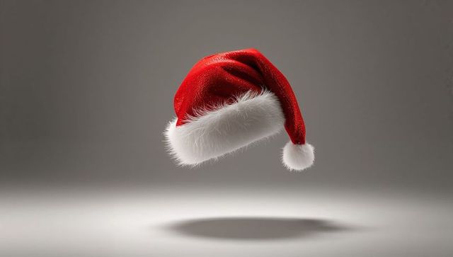 Floating Santa Hat with White Fur Pom-Pom Casting Soft Shadow