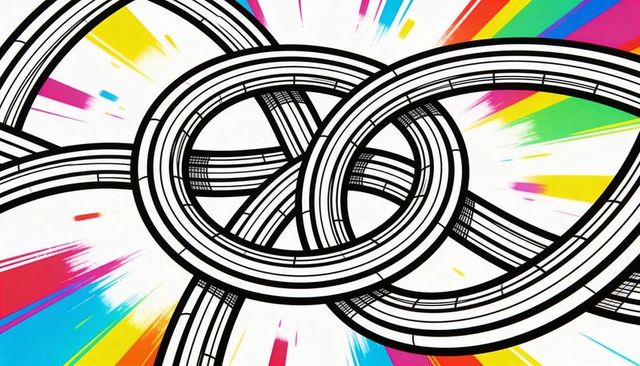 Interlocking black tubular loops with neon paint streaks abstract geometric motion art