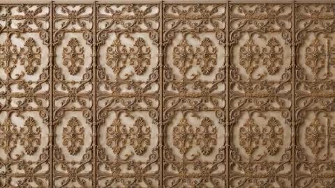 Panning Reveal of Ornate Bronze Ceiling Panels with Floral Medallions and Repeating Scrollwork