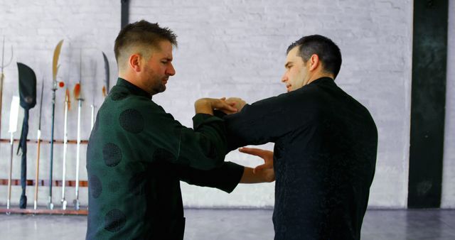 Two Men Practicing Martial Arts Technique in Training Hall - Download Free Stock Images Pikwizard.com