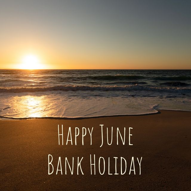 Digital composite image of june bank holiday text over beach shore against sky at sunset. copy space and holiday concept.