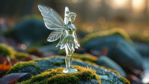 Ethereal glass fairy figurine in enchanted forest setting