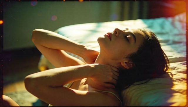 Serene woman reclining in warm sunlight on bed with soft lens flare and film grain, cozy morning