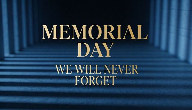 Memorial day tribute gold serif typography on navy colonnade with shadow bands